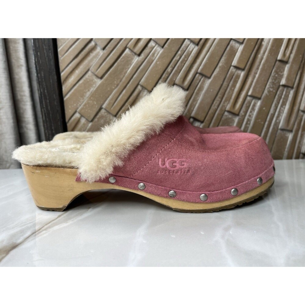 UGG Women Sz 8 Kalie Pink Suede Leather Mule Clog Heels Shoes Fur Wool Shearling - Picture 2 of 9